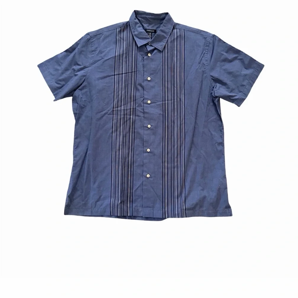 Van Heusen Shirt 2 Mens L Navy/Black Never Tuck Striped Fit Print Short Sleeve - Picture 3 of 4